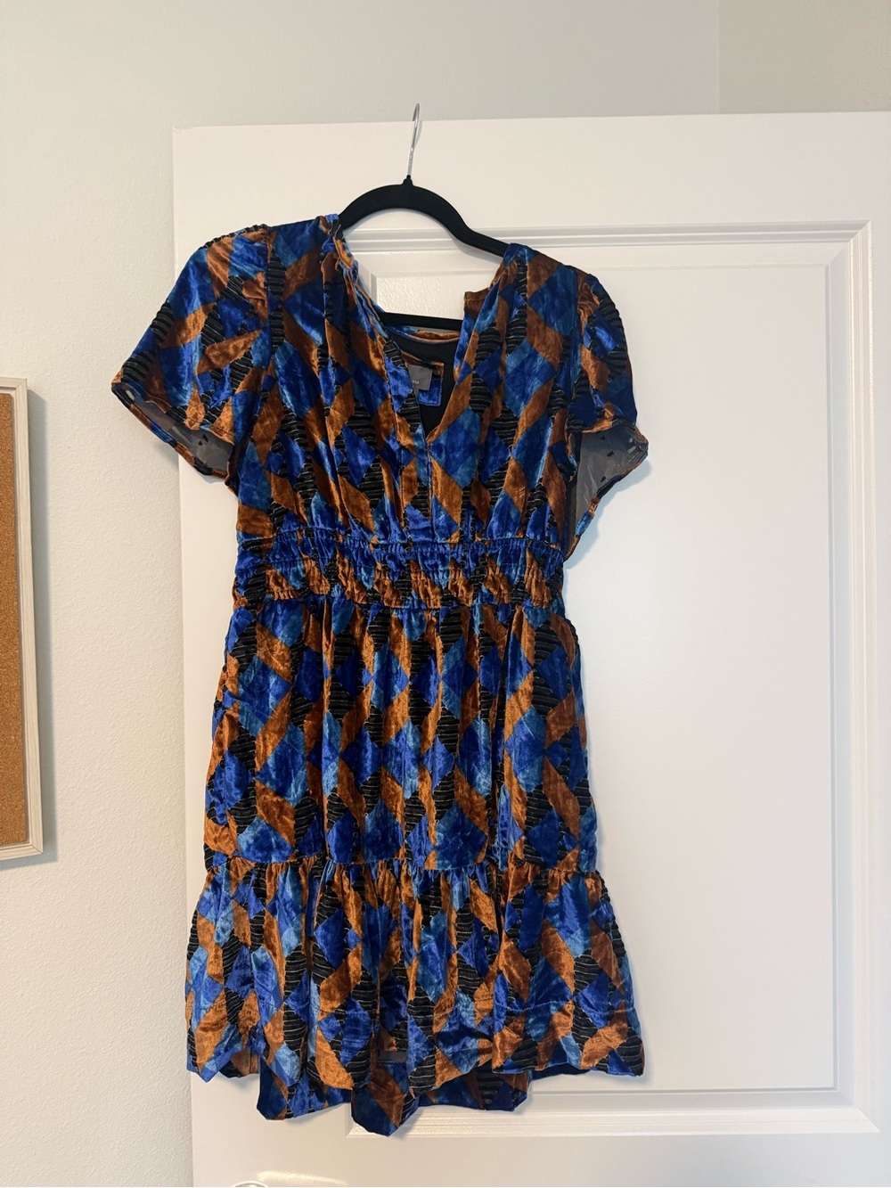 Anthropologie Blue and Brown Velvet Geometric Blouse